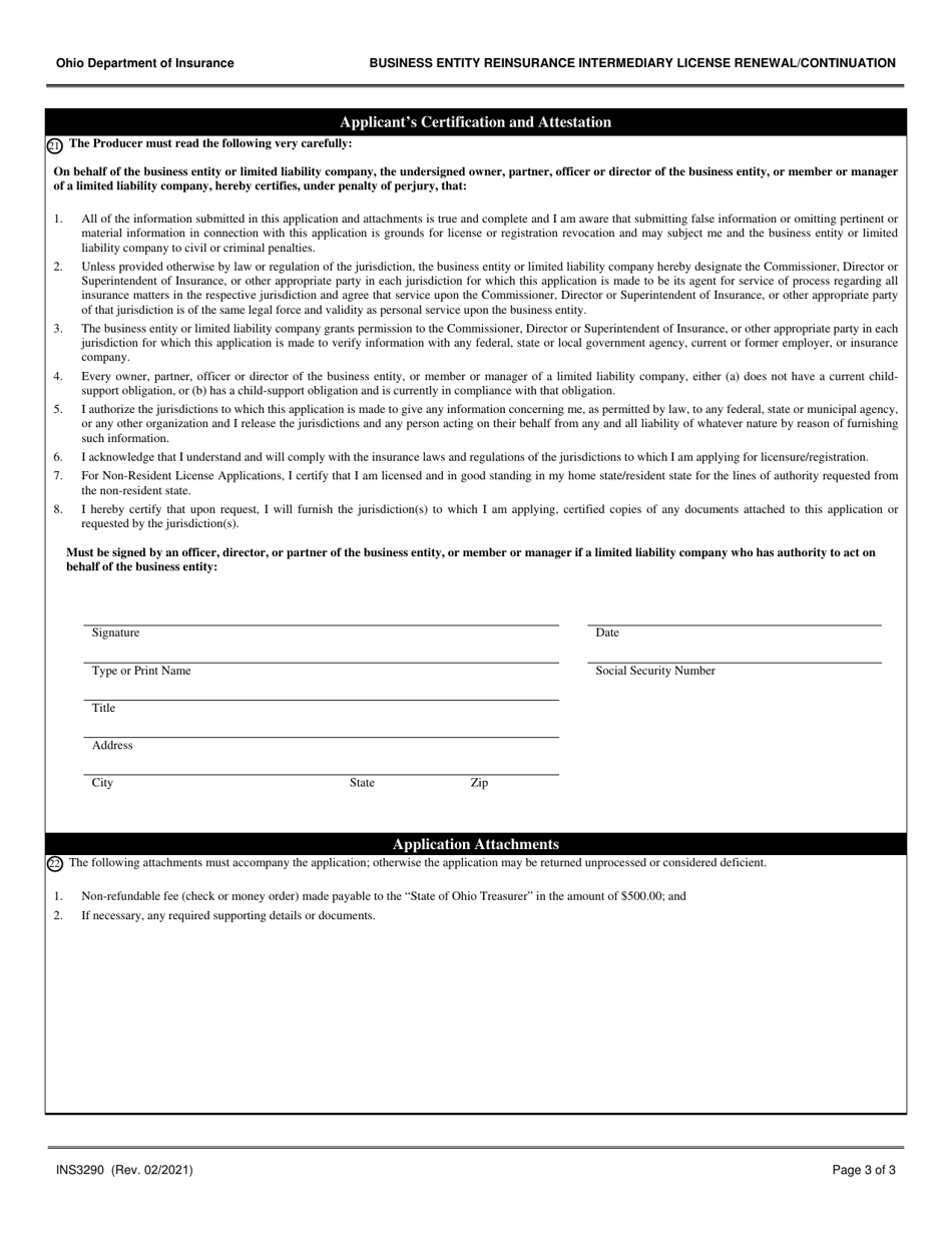 Form INS3290 Business Entity Reinsurance Intermediary License Renewal / Continuation - Ohio, Page 3