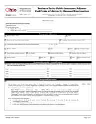 Document preview: Form INS3288 Business Entity Public Insurance Adjuster Certificate of Authority Renewal/Continuation - Ohio