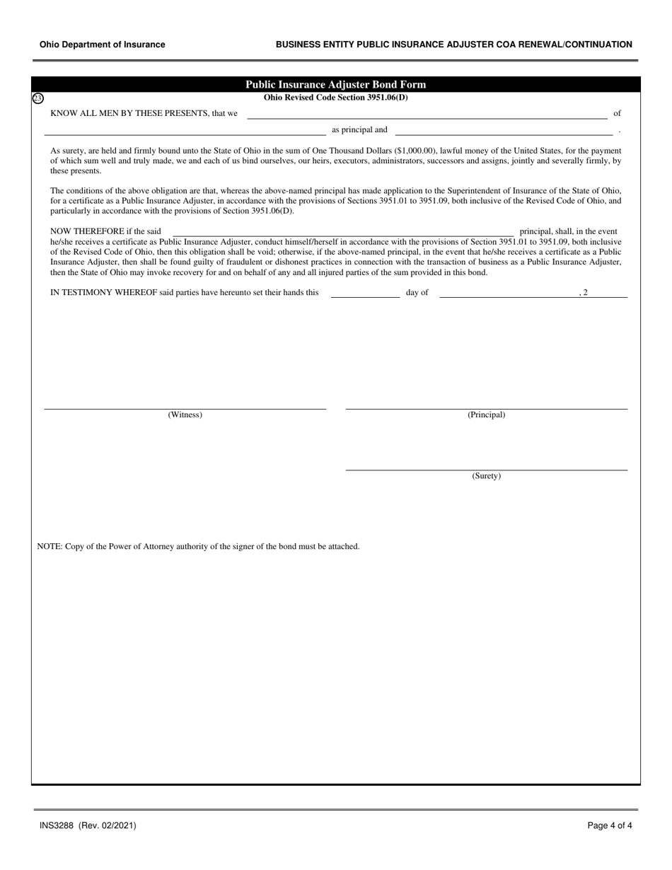 Form INS3288 Business Entity Public Insurance Adjuster Certificate of Authority Renewal / Continuation - Ohio, Page 4