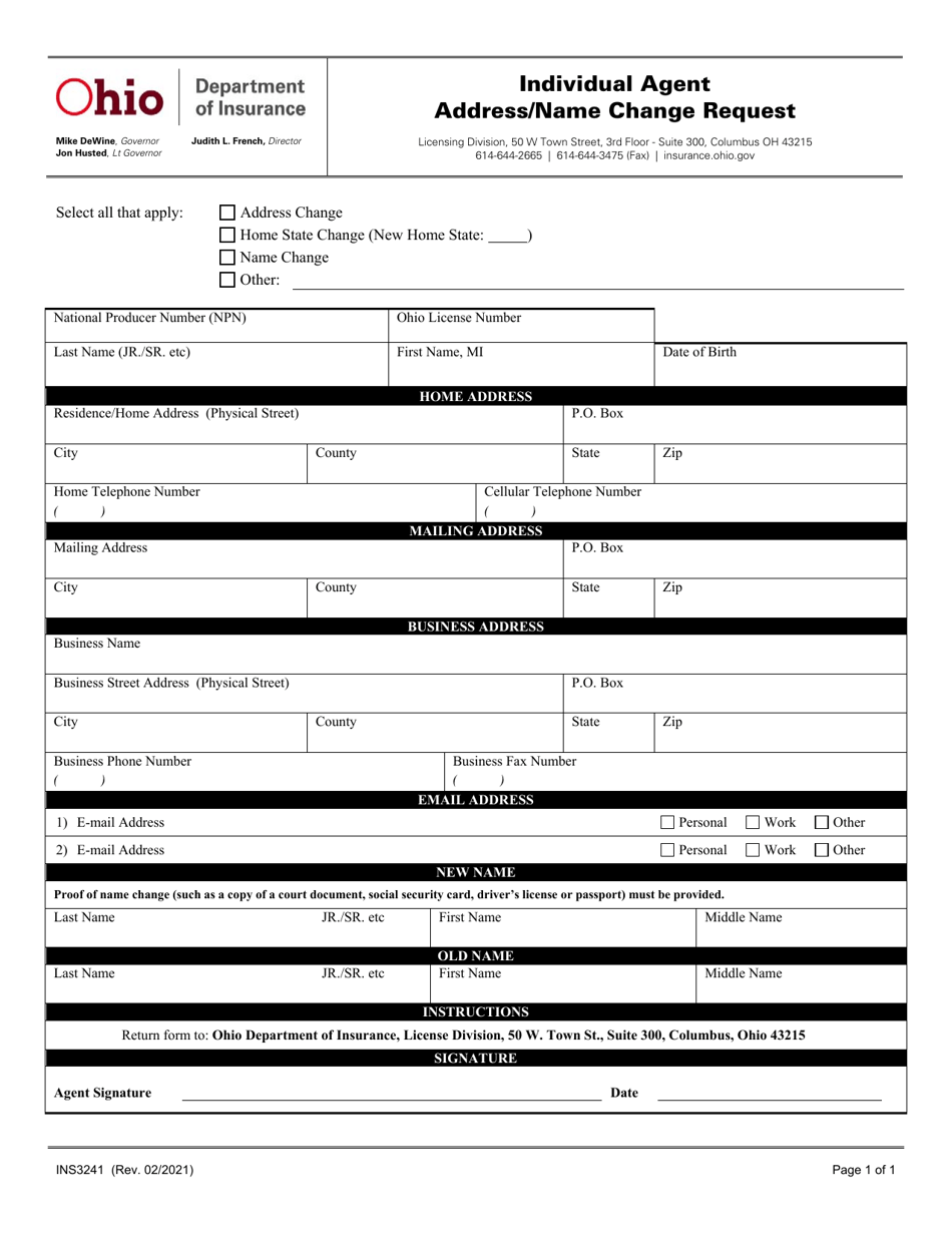 Form INS3241 Individual Agent Address / Name Change Request - Ohio, Page 1