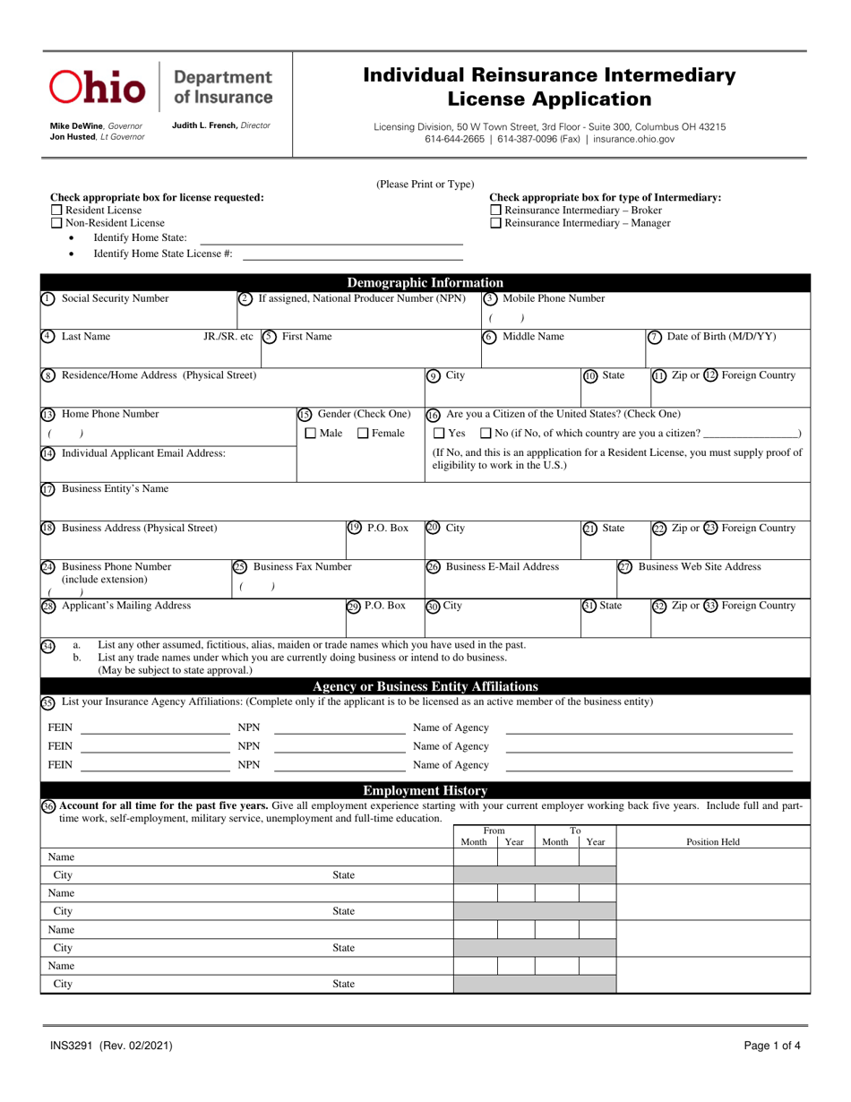 Form INS3291 Individual Reinsurance Intermediary License Application - Ohio, Page 1