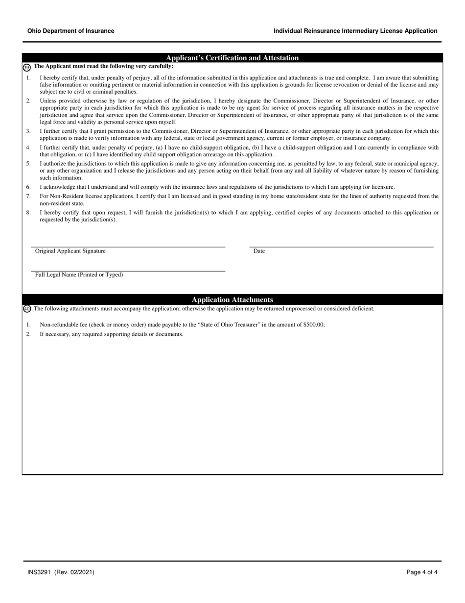 Form INS3291 Individual Reinsurance Intermediary License Application - Ohio, Page 4