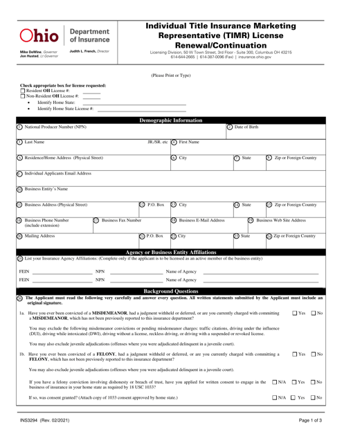Form INS3294 Individual Title Insurance Marketing Representative (Timr) License Renewal/Continuation - Ohio