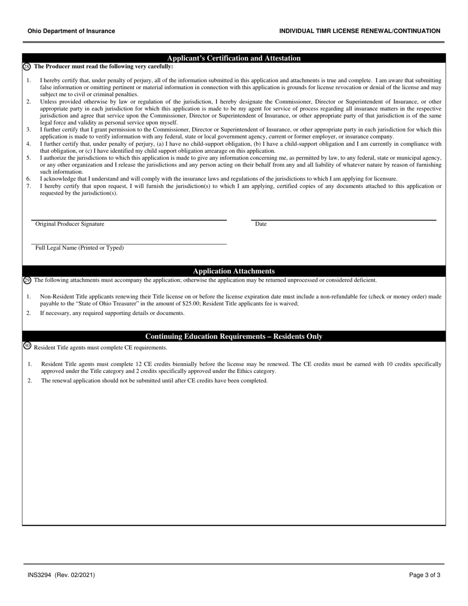 Form INS3294 Individual Title Insurance Marketing Representative (Timr) License Renewal / Continuation - Ohio, Page 3