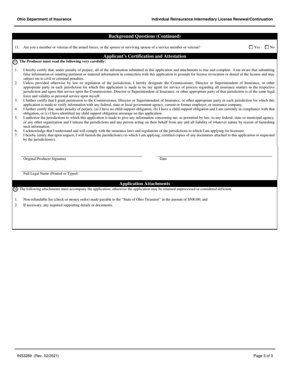 Form INS3289 Individual Reinsurance Intermediary License Renewal / Continuation - Ohio, Page 3
