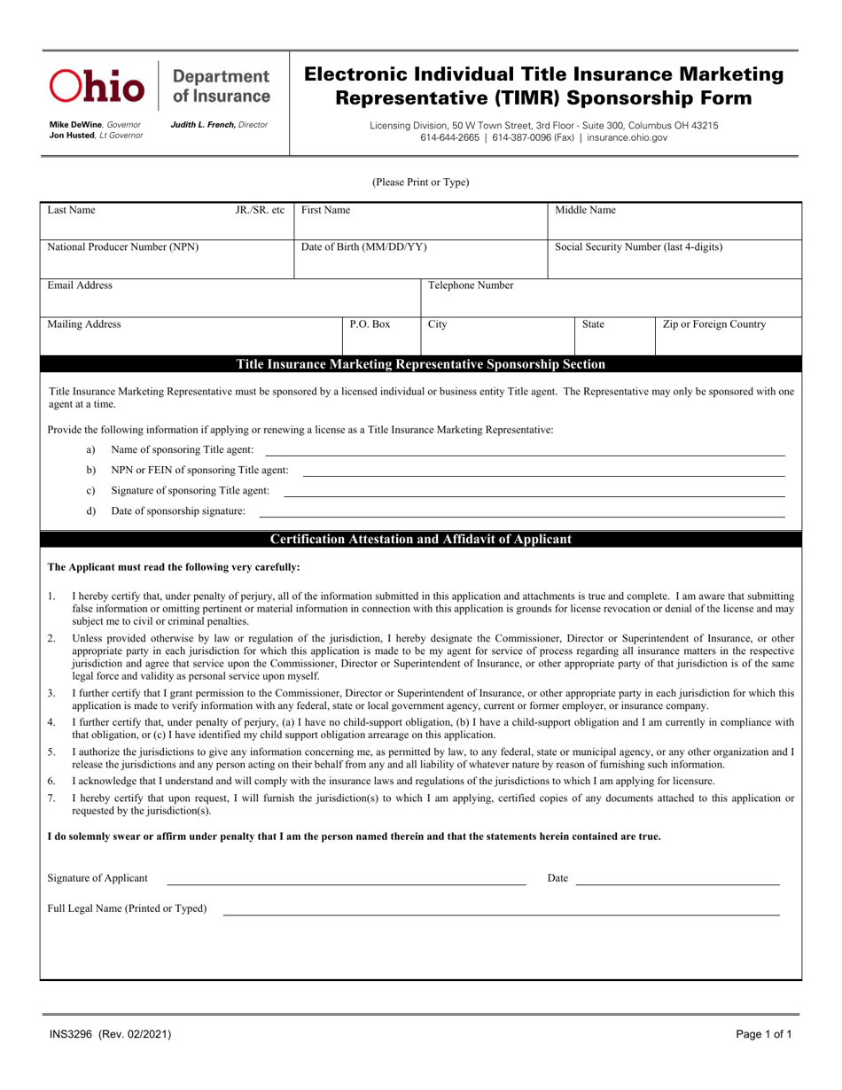 Form INS3296 Electronic Individual Title Insurance Marketing Representative (Timr) Sponsorship Form - Ohio, Page 1