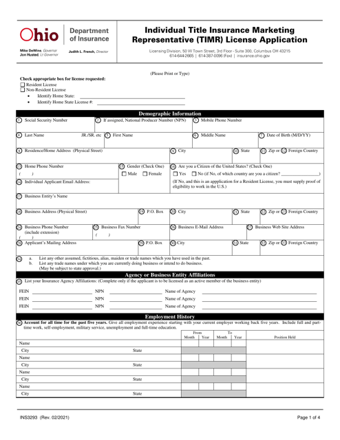 Form INS3293 Individual Title Insurance Marketing Representative (Timr) License Application - Ohio