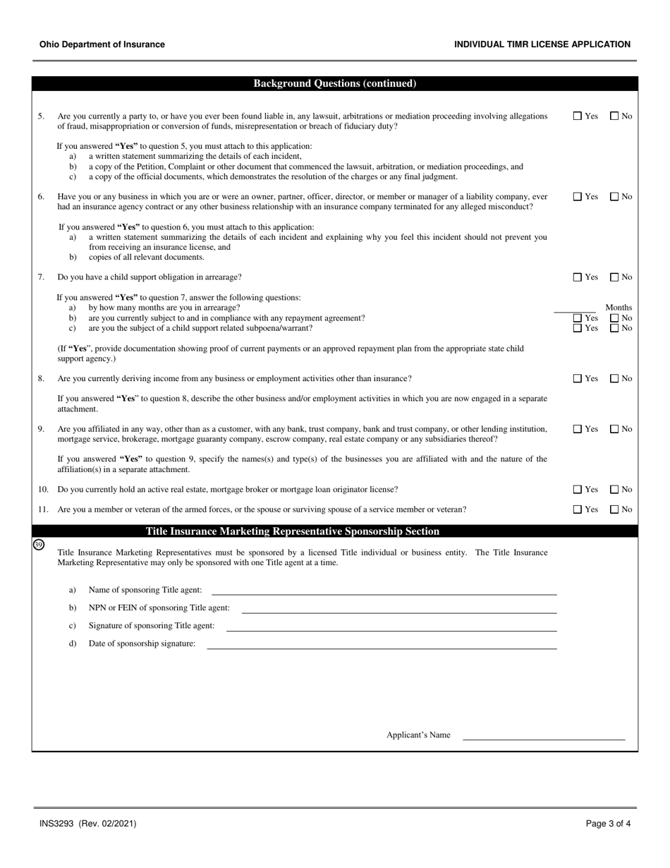Form INS3293 Individual Title Insurance Marketing Representative (Timr) License Application - Ohio, Page 3