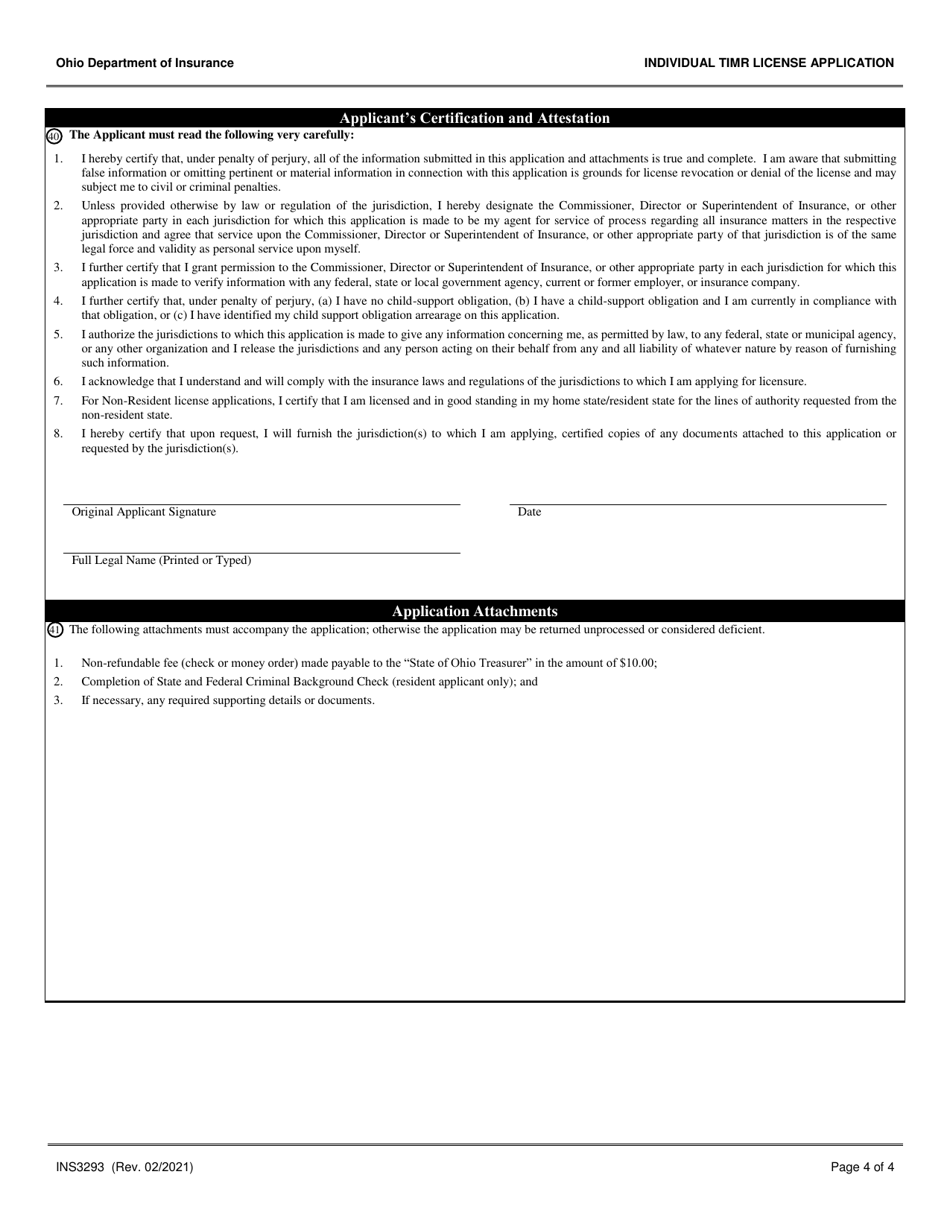 Form INS3293 Individual Title Insurance Marketing Representative (Timr) License Application - Ohio, Page 4