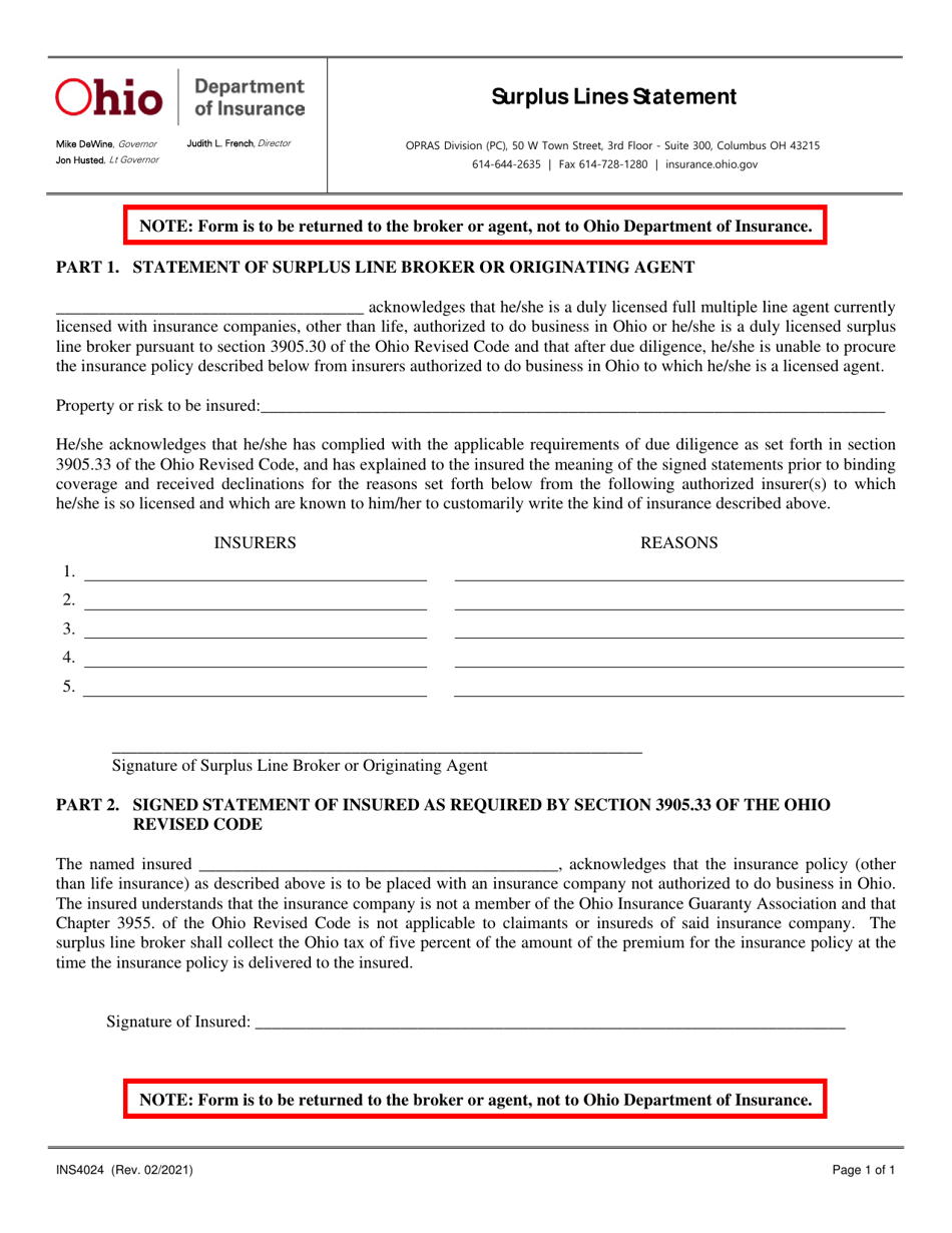 Form INS4024 Surplus Lines Statement - Ohio, Page 1