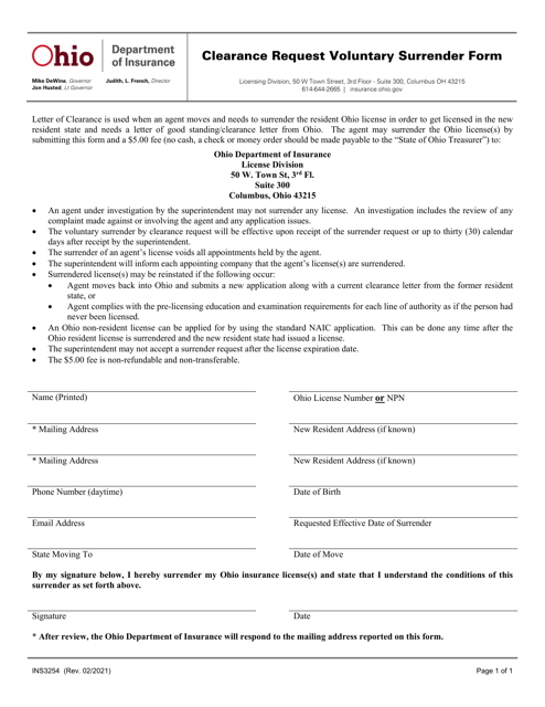 Form INS3254 Clearance Request Voluntary Surrender Form - Ohio