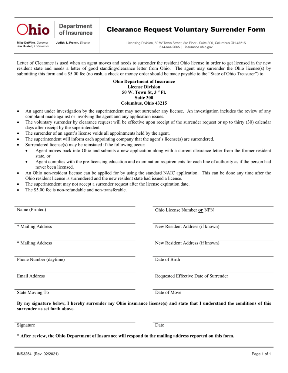 Form INS3254 Clearance Request Voluntary Surrender Form - Ohio, Page 1