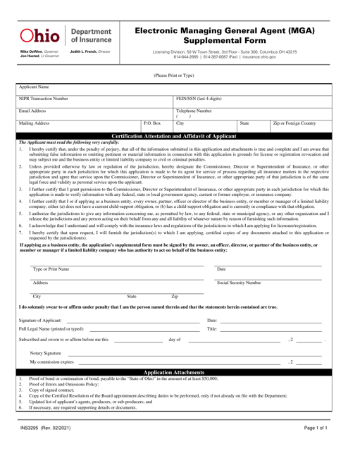 Form INS3295 Electronic Managing General Agent (Mga) Supplemental Form - Ohio