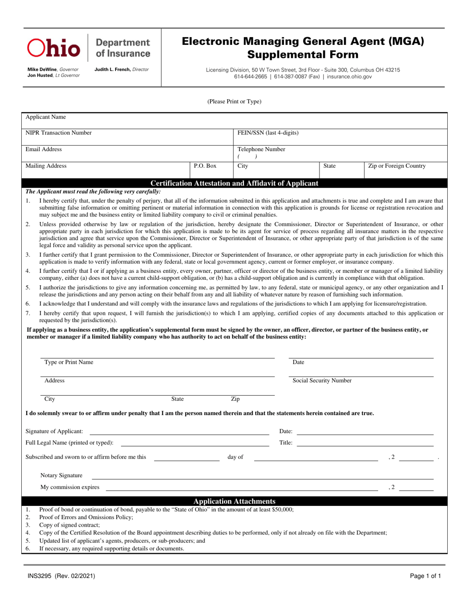 Form INS3295 Electronic Managing General Agent (Mga) Supplemental Form - Ohio, Page 1