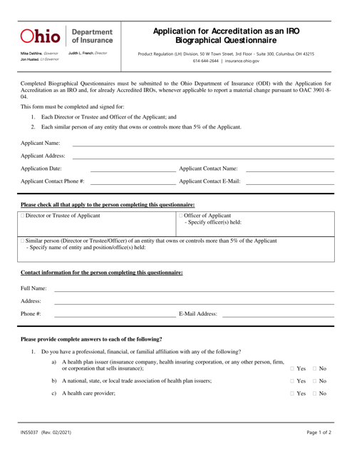 Form INS5037 Application for Accreditation as an Iro Biographical Questionnaire - Ohio