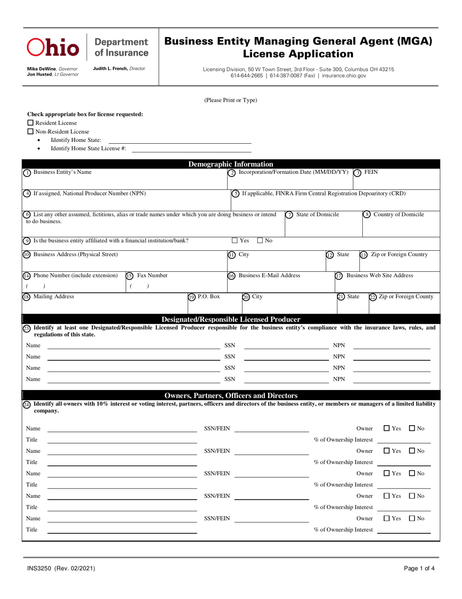 Form INS3250 Business Entity Managing General Agent (Mga) License Application - Ohio, Page 1