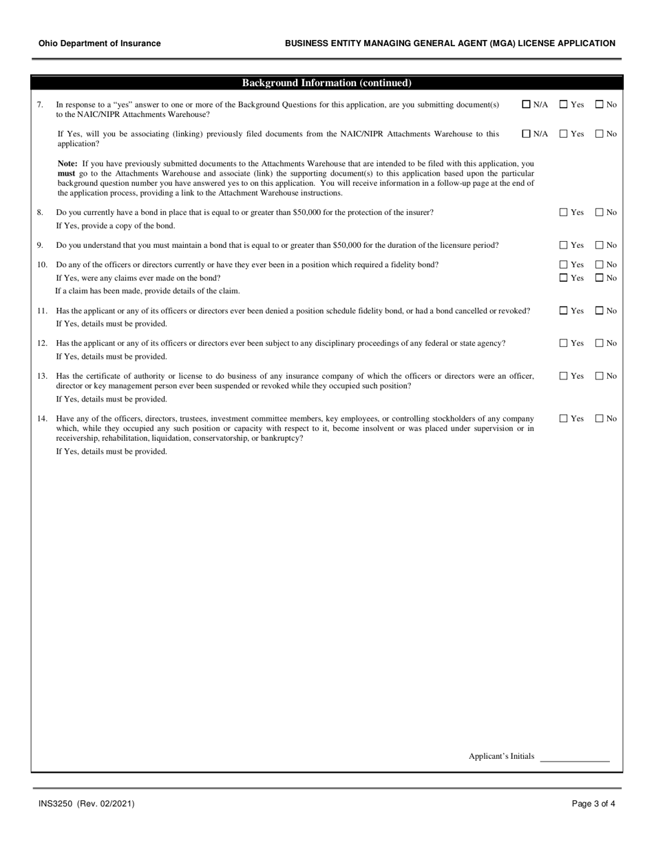 Form INS3250 Business Entity Managing General Agent (Mga) License Application - Ohio, Page 3