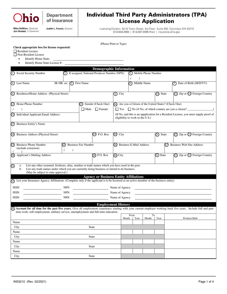 Form INS3210 Individual Third Party Administrators (Tpa) License Application - Ohio, Page 1