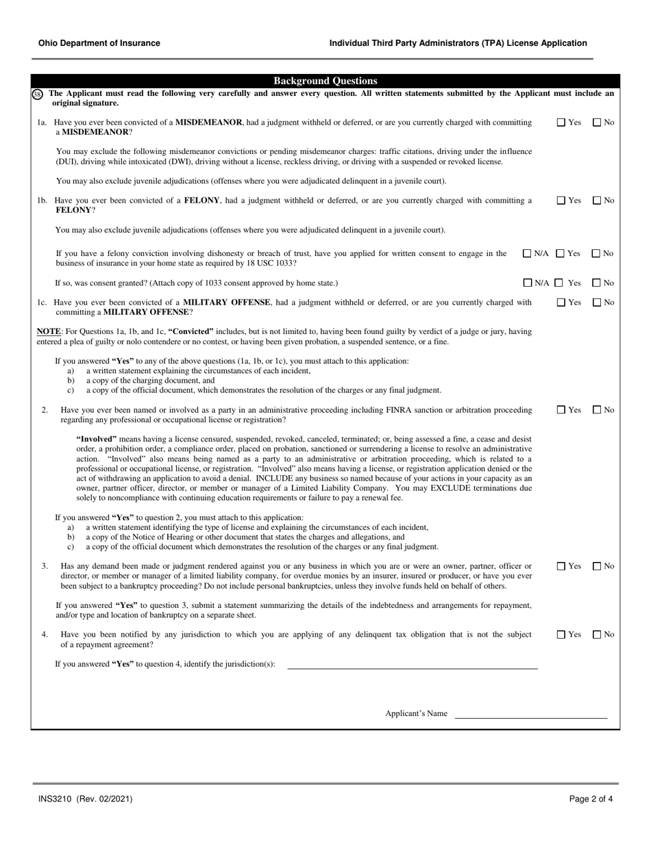 Form INS3210 Individual Third Party Administrators (Tpa) License Application - Ohio, Page 2