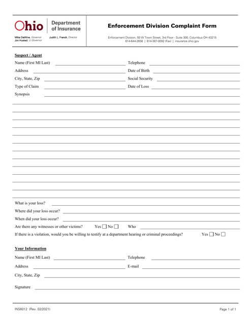 Form INS6012 Enforcement Division Complaint Form - Ohio