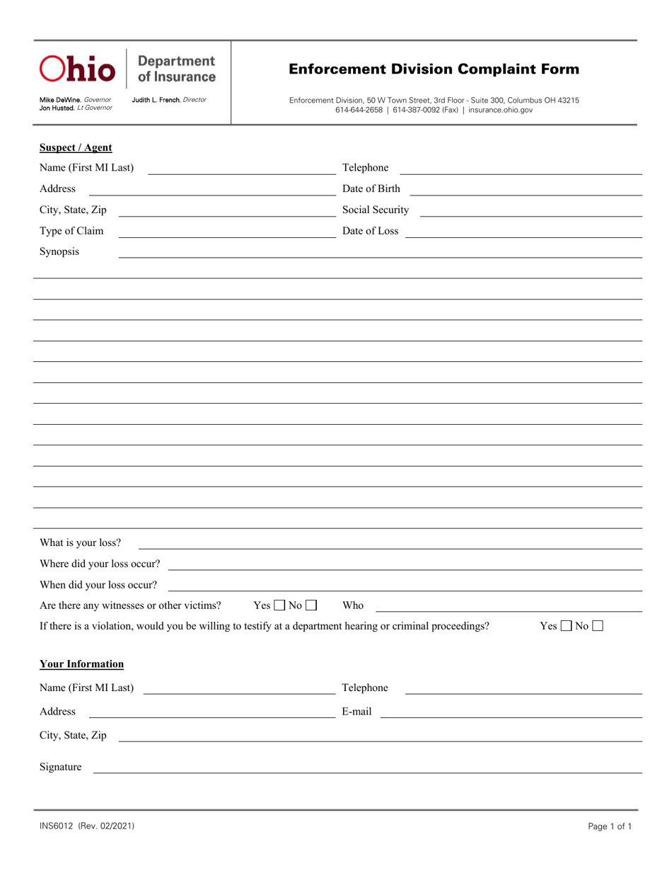 Form INS6012 Enforcement Division Complaint Form - Ohio, Page 1