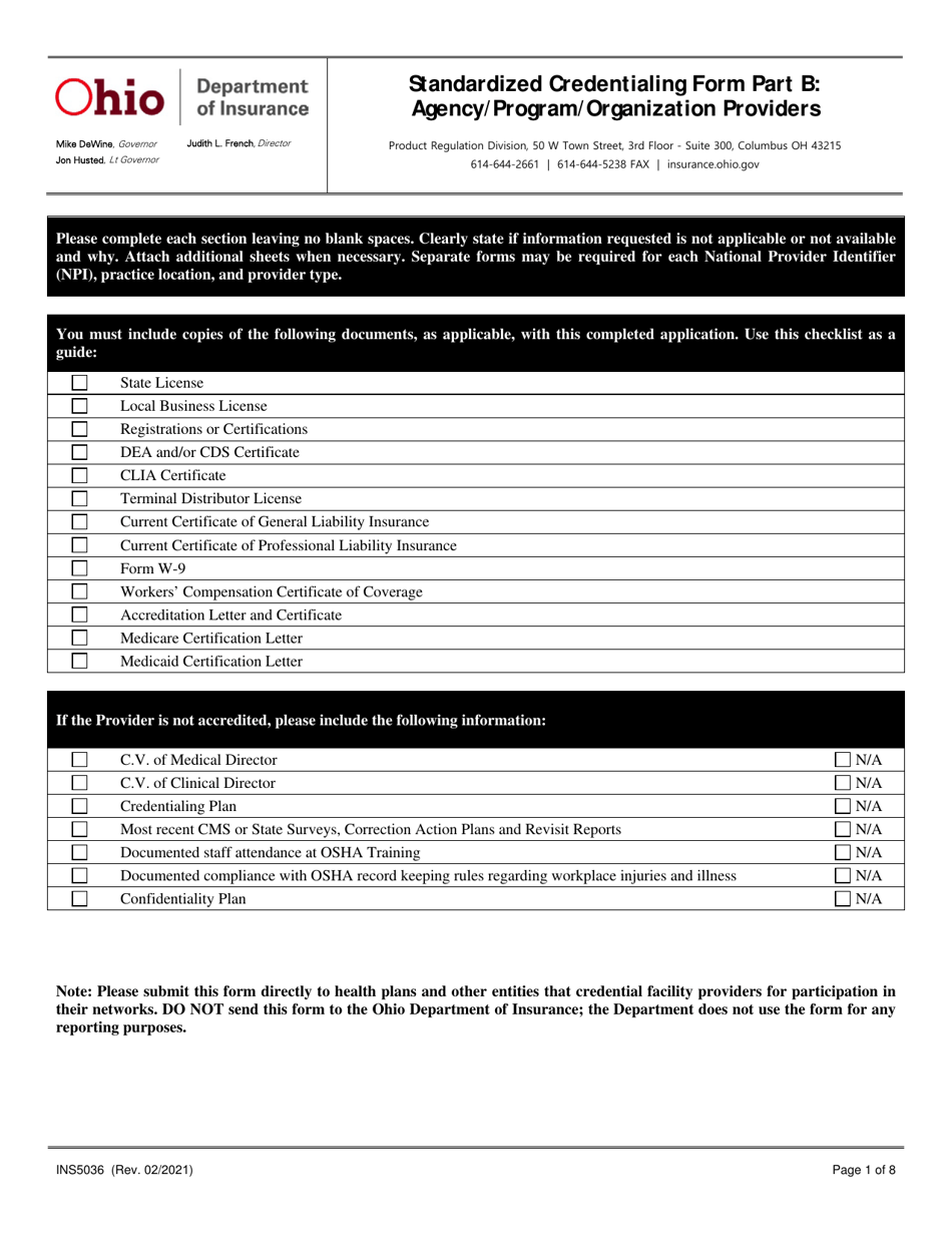 Form INS5036 Part B Standardized Credentialing Form: Agency / Program / Organization Providers - Ohio, Page 1