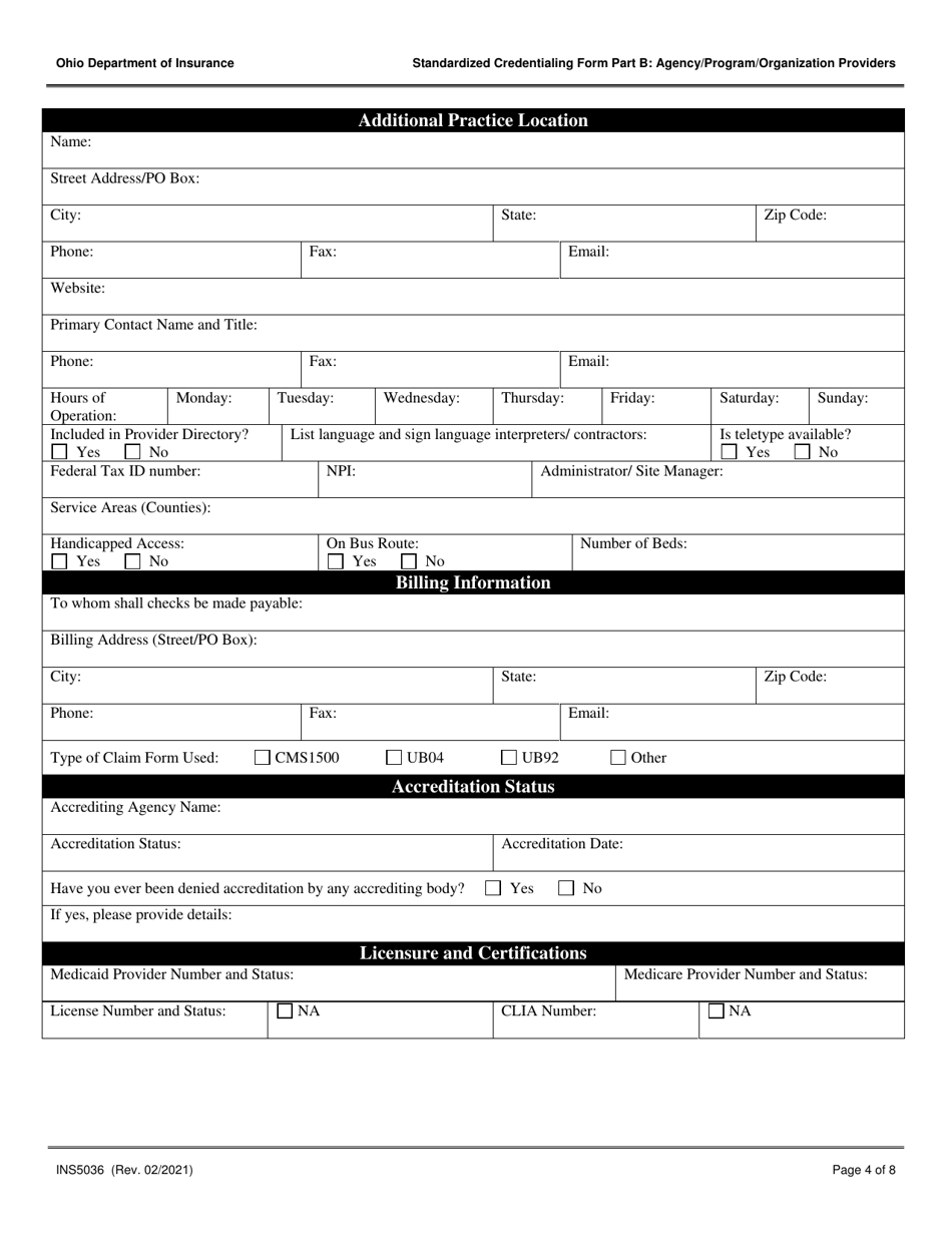 Form INS5036 Part B Standardized Credentialing Form: Agency / Program / Organization Providers - Ohio, Page 4
