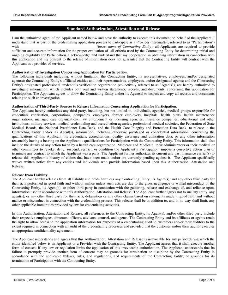 Form INS5036 Part B Standardized Credentialing Form: Agency / Program / Organization Providers - Ohio, Page 7
