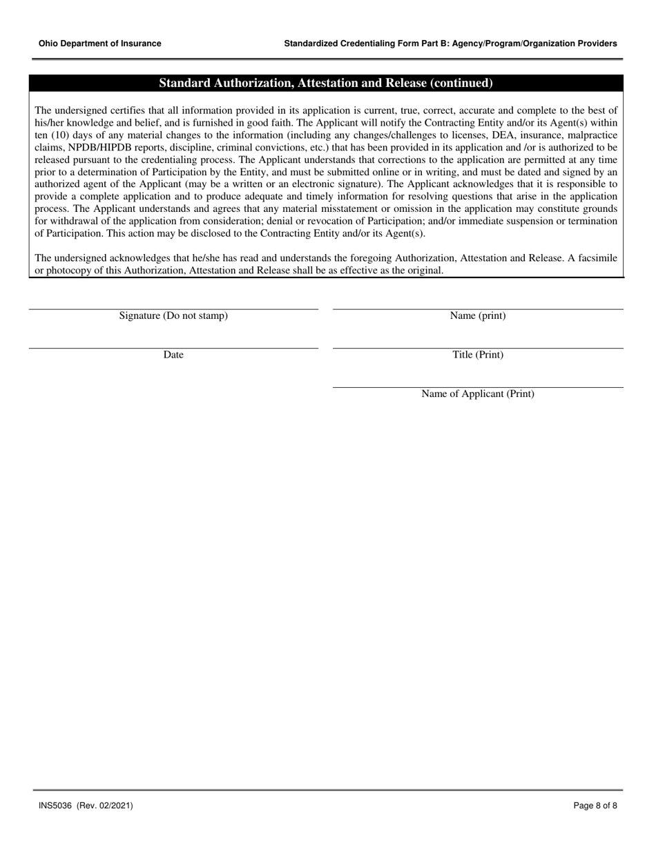 Form INS5036 Part B Standardized Credentialing Form: Agency / Program / Organization Providers - Ohio, Page 8