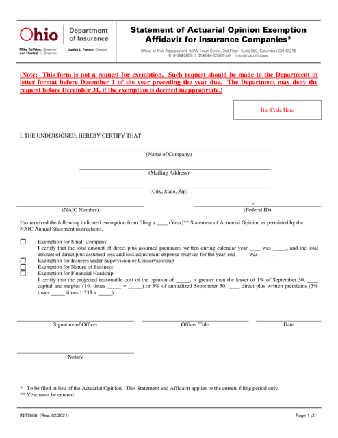 Form INS7008 Statement of Actuarial Opinion Exemption Affidavit for Insurance Companies - Ohio