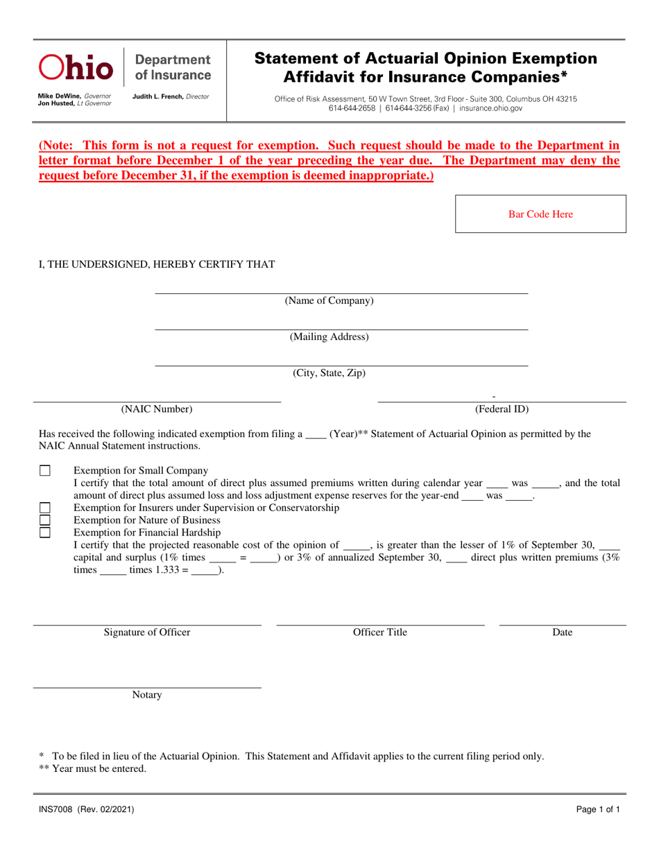 Form INS7008 Statement of Actuarial Opinion Exemption Affidavit for Insurance Companies - Ohio, Page 1