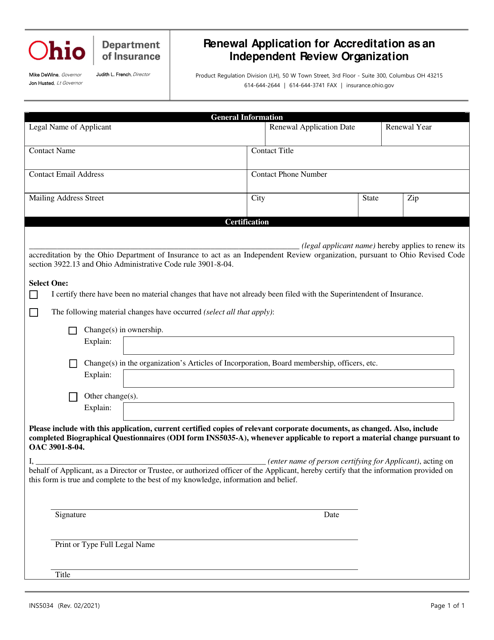 Form INS5034 Renewal Application for Accreditation as an Independent Review Organization - Ohio