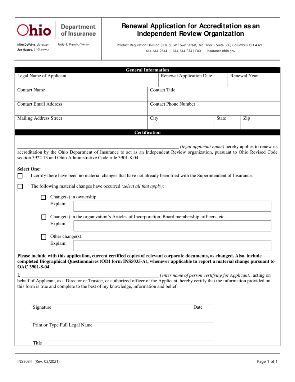 Form INS5034 Renewal Application for Accreditation as an Independent Review Organization - Ohio, Page 1
