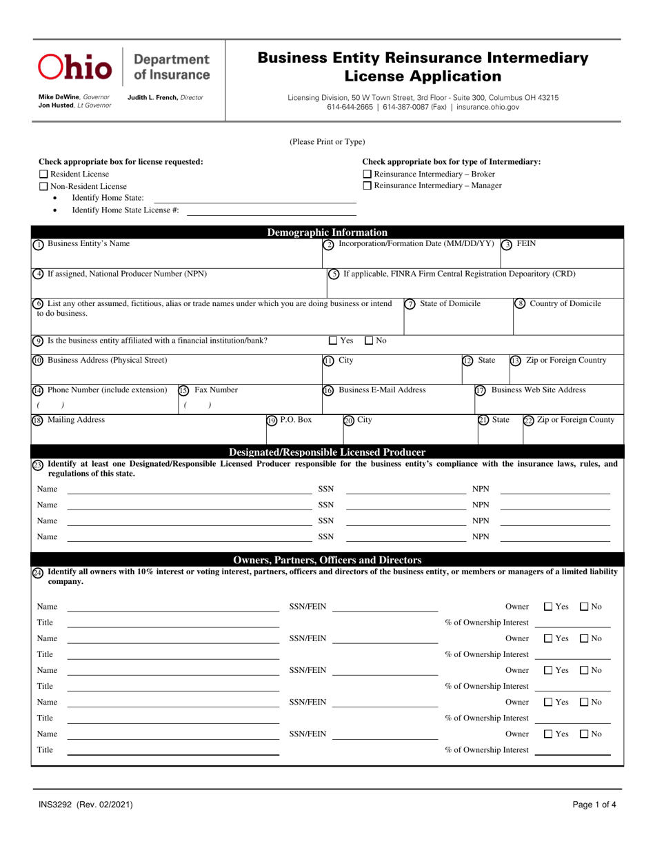Form INS3292 Business Entity Reinsurance Intermediary License Application - Ohio, Page 1