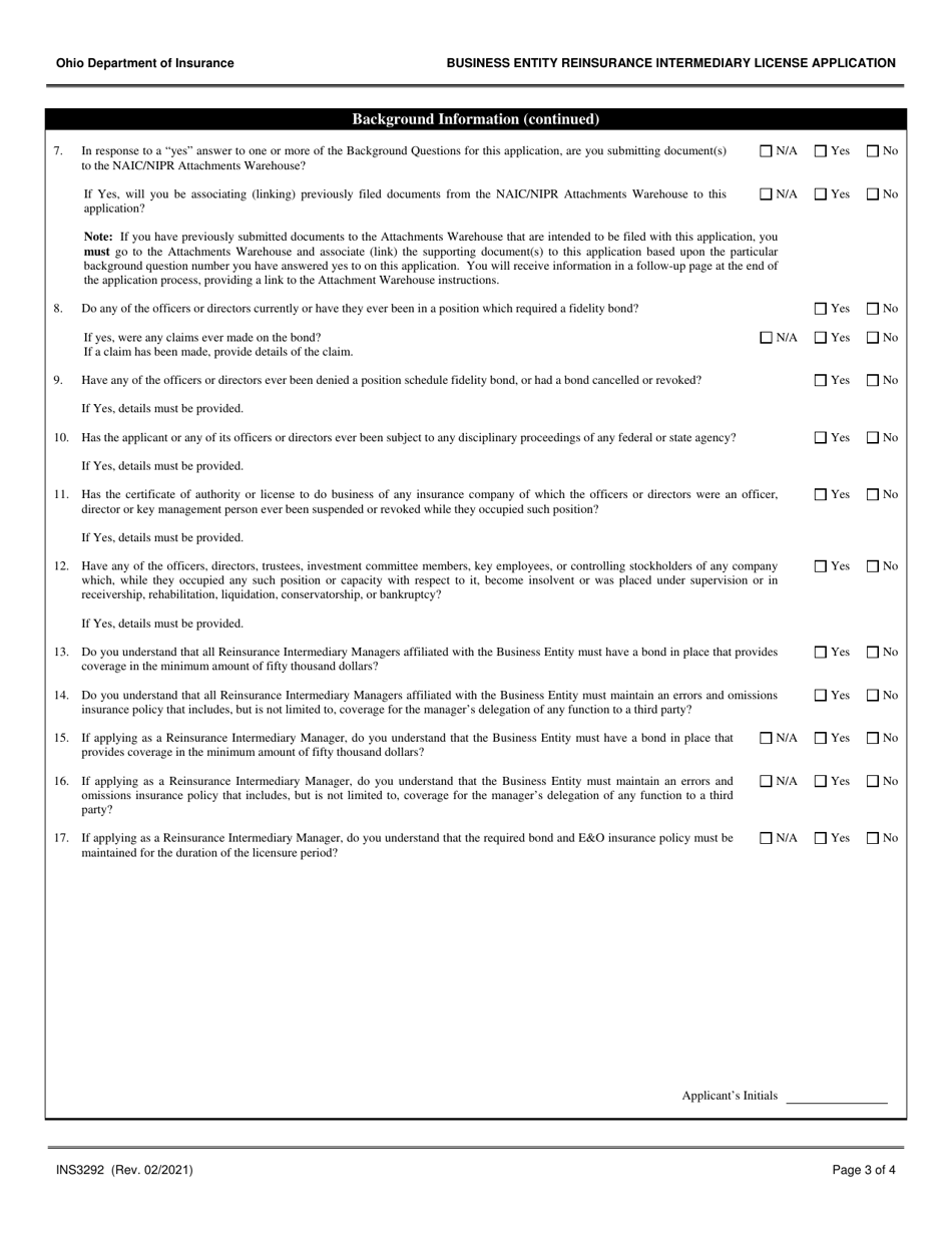 Form INS3292 Business Entity Reinsurance Intermediary License Application - Ohio, Page 3