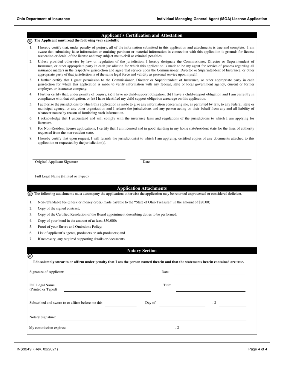 Form INS3249 Individual Managing General Agent (Mga) License Application - Ohio, Page 4