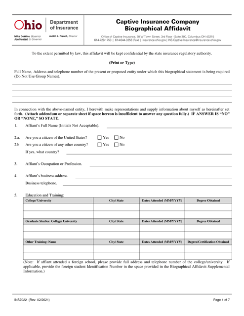 Form INS7022 Captive Insurance Company Biographical Affidavit - Ohio