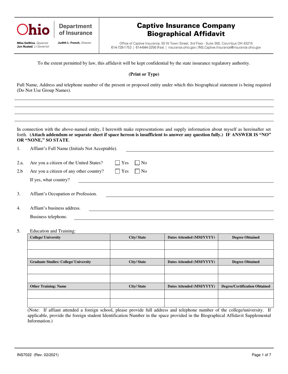 Form INS7022 Captive Insurance Company Biographical Affidavit - Ohio, Page 1