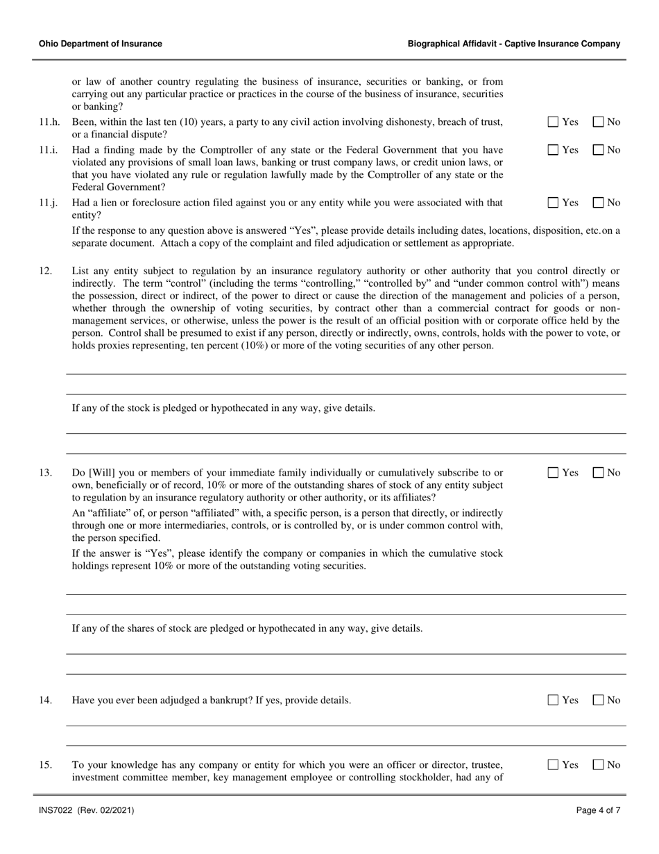 Form INS7022 Captive Insurance Company Biographical Affidavit - Ohio, Page 4