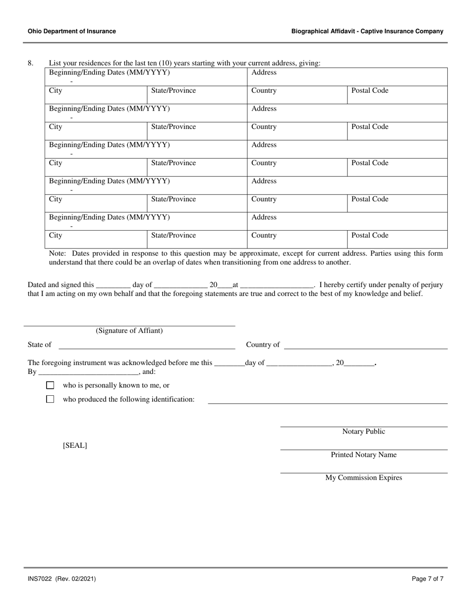 Form INS7022 Download Fillable PDF or Fill Online Captive Insurance ...