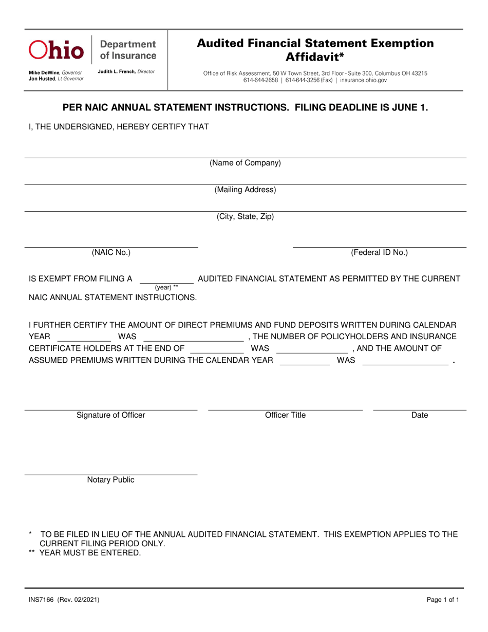 Form INS7166 Audited Financial Statement Exemption Affidavit - Ohio, Page 1