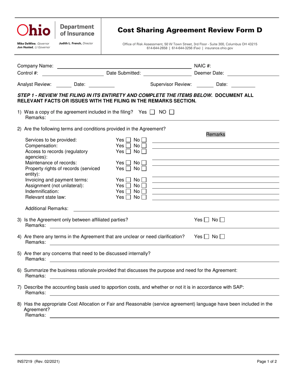 Form INS7219 (D) Download Fillable PDF or Fill Online Cost Sharing