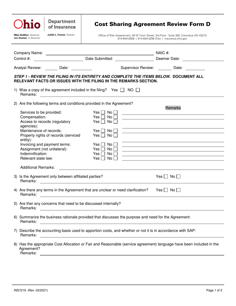 Form INS7219 (D) Cost Sharing Agreement Review - Ohio, Page 1