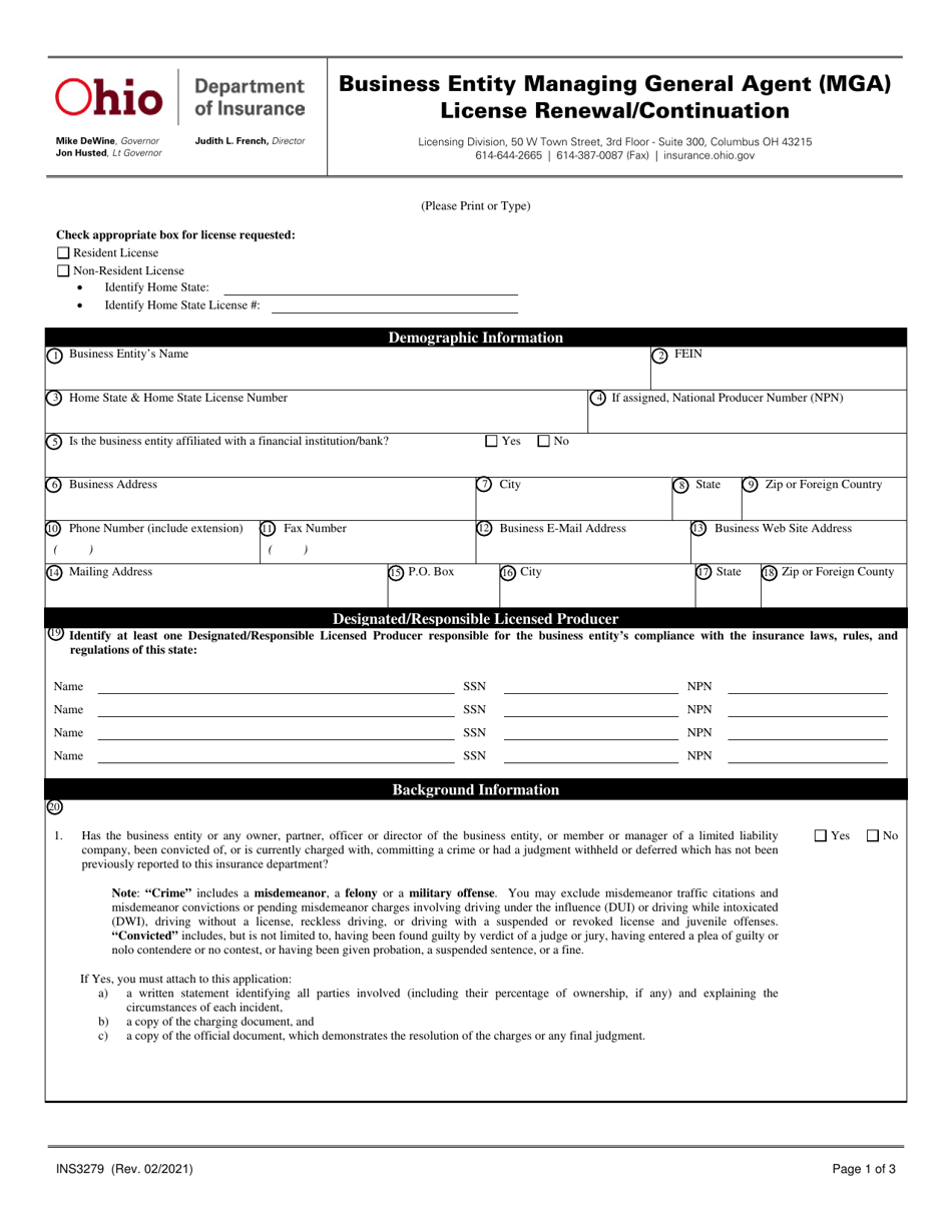 Form INS3279 Business Entity Managing General Agent (Mga) License Renewal / Continuation - Ohio, Page 1