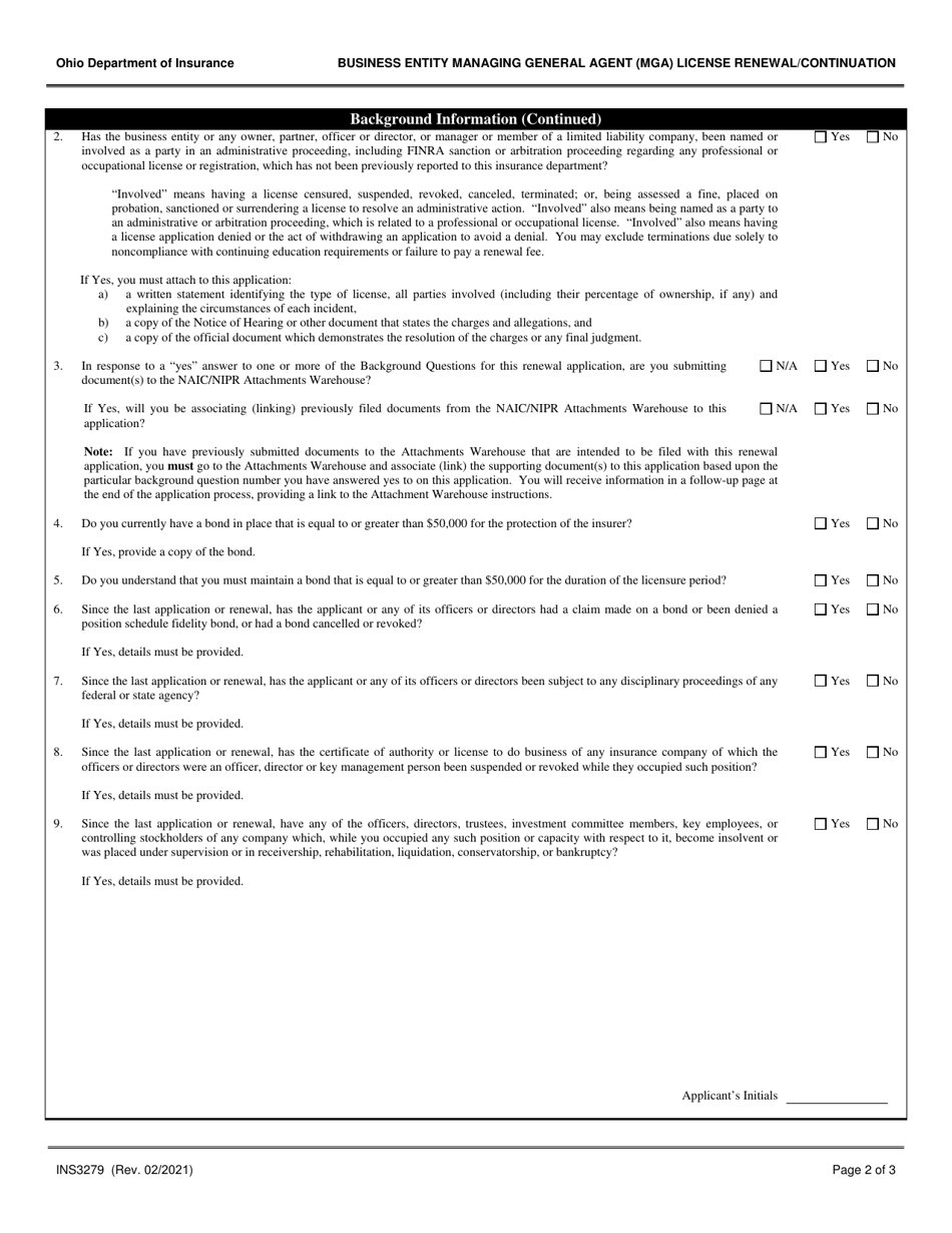 Form INS3279 Business Entity Managing General Agent (Mga) License Renewal / Continuation - Ohio, Page 2