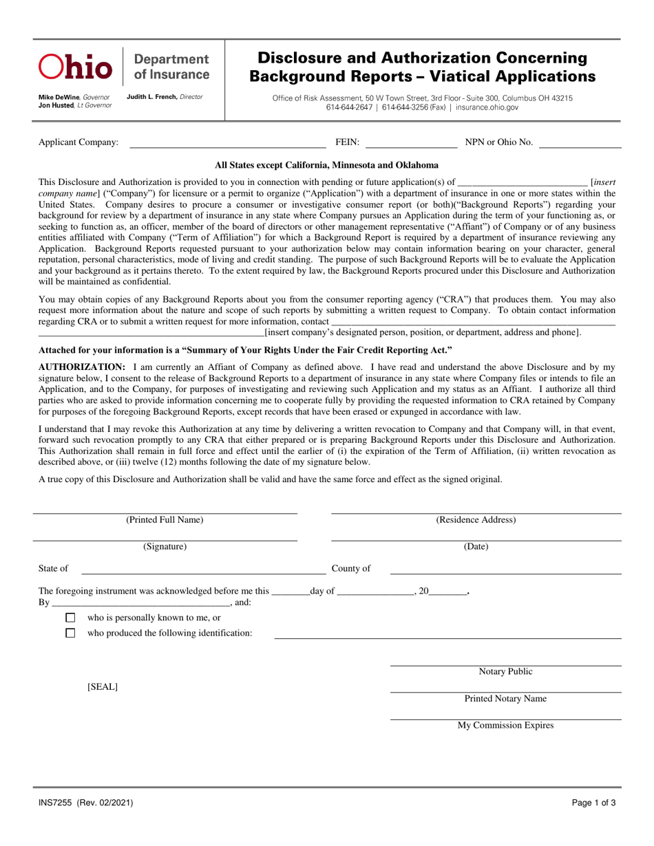 Form INS7255 Disclosure and Authorization Concerning Background Reports - Viatical Applications - Ohio, Page 1