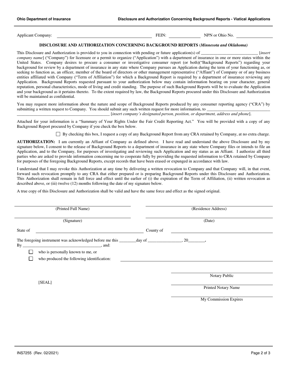 Form INS7255 Disclosure and Authorization Concerning Background Reports - Viatical Applications - Ohio, Page 2