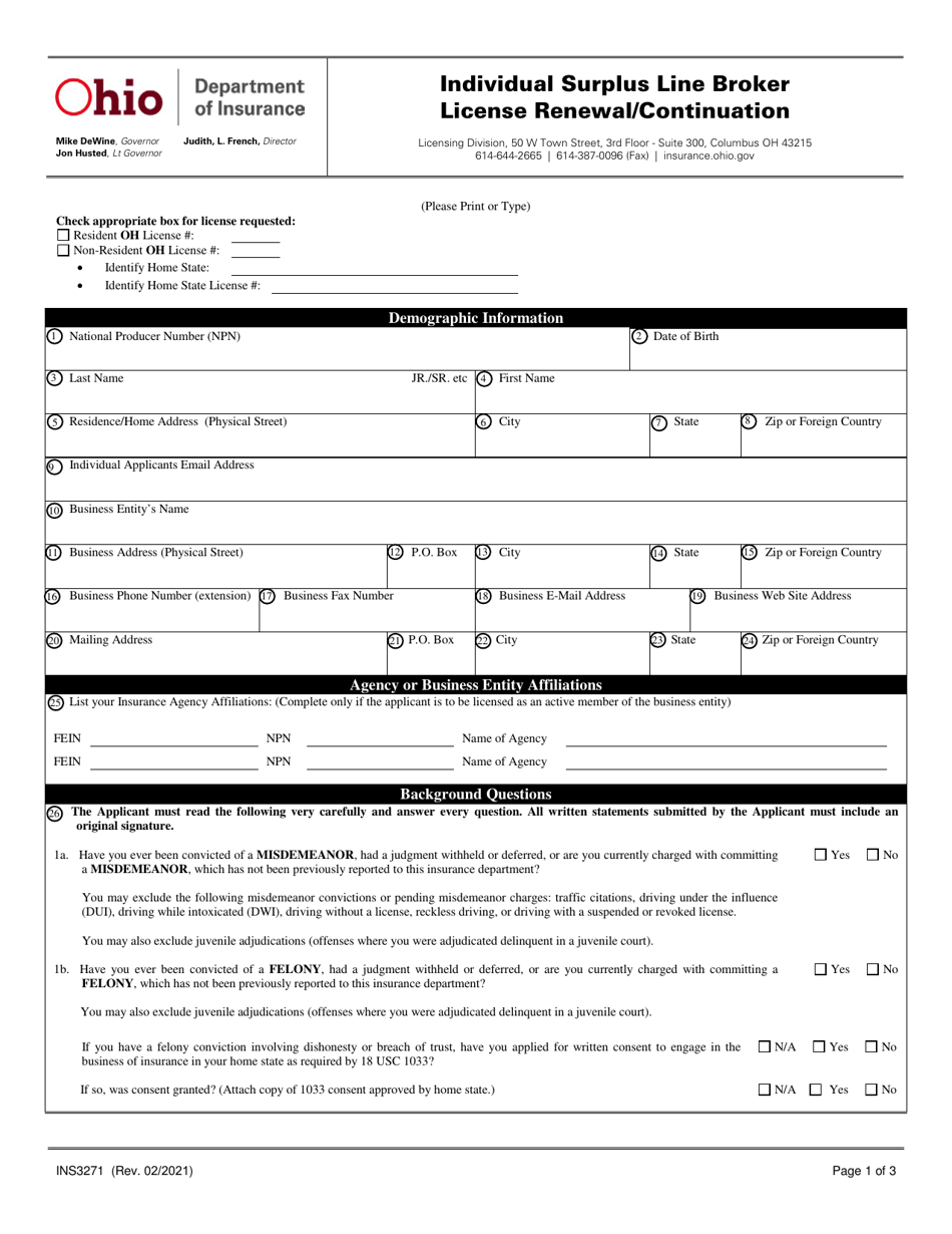 Form INS3271 Individual Surplus Line Broker License Renewal / Continuation - Ohio, Page 1