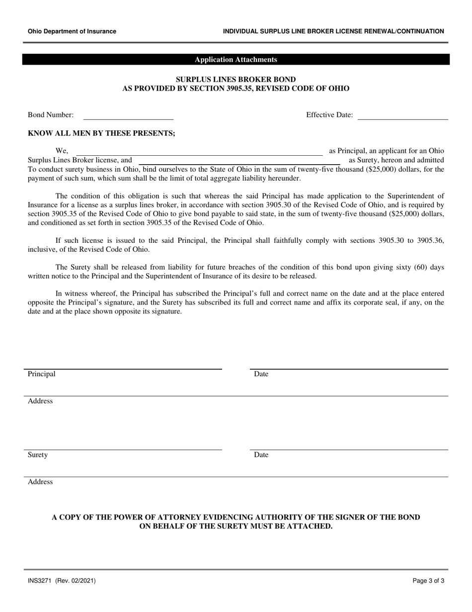 Form INS3271 Individual Surplus Line Broker License Renewal / Continuation - Ohio, Page 3