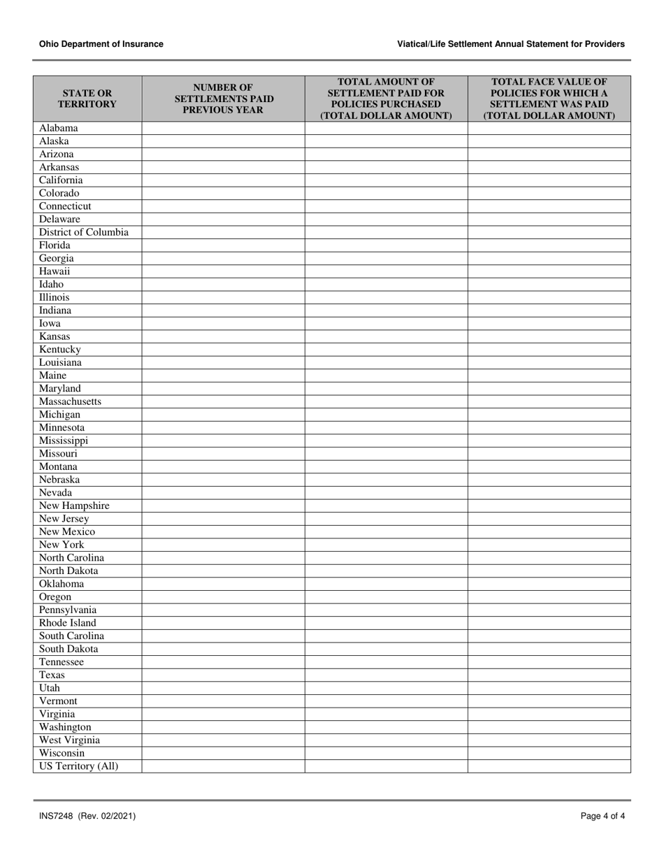 Form INS7248 Viatical / Life Settlement Annual Statement for Providers - Ohio, Page 4